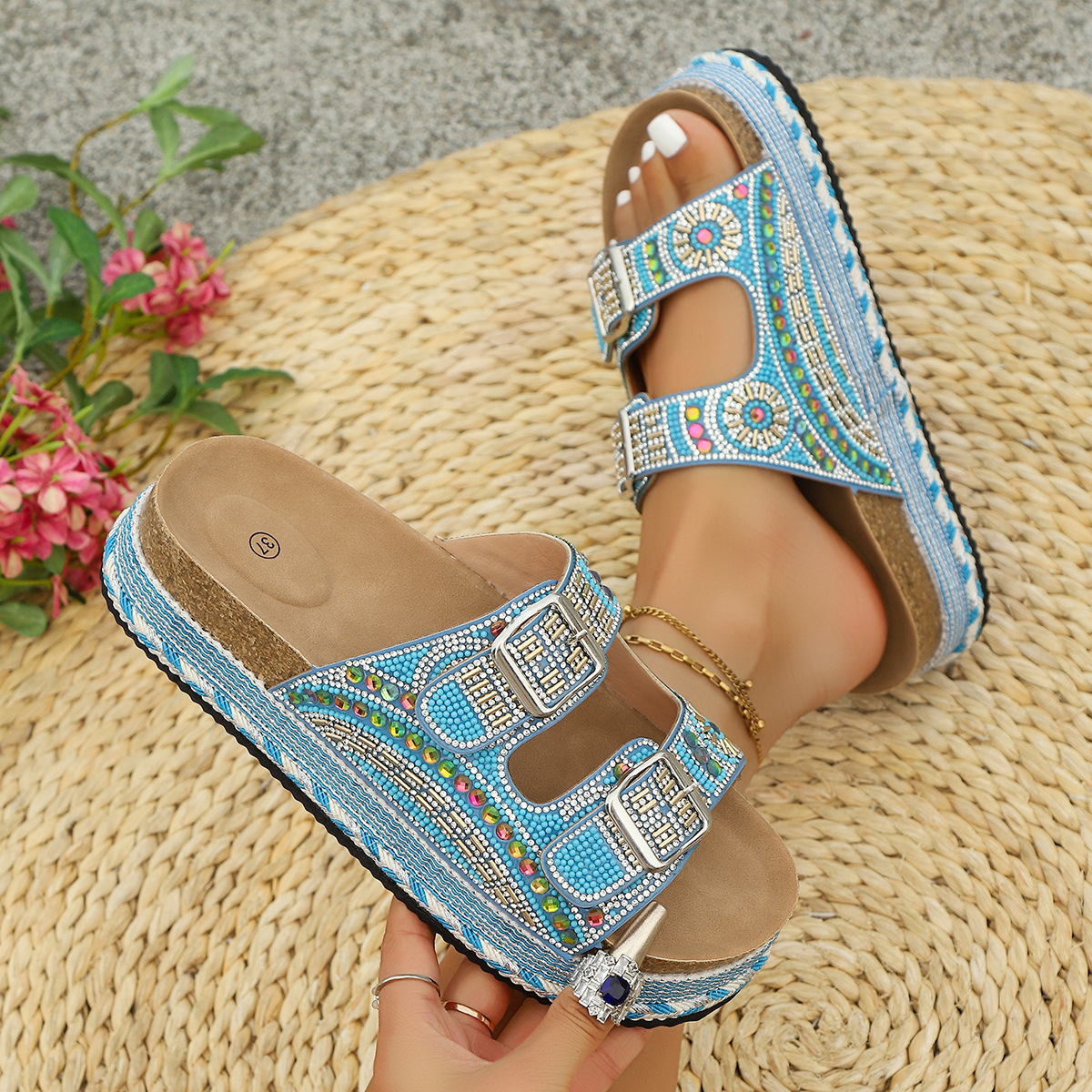 Sky-blue Jute Rope Cross-border Beach Slippers Plus-size Womens Shoes foto 3