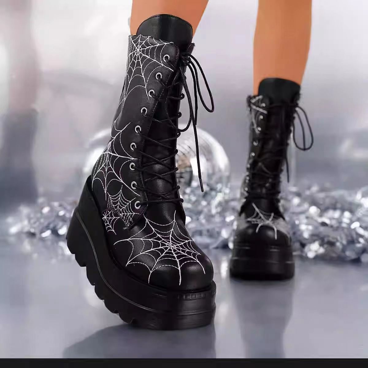 Womens Wedge-Heel Thick-Soled Spiderweb-Design Plus-Size Boots foto 5