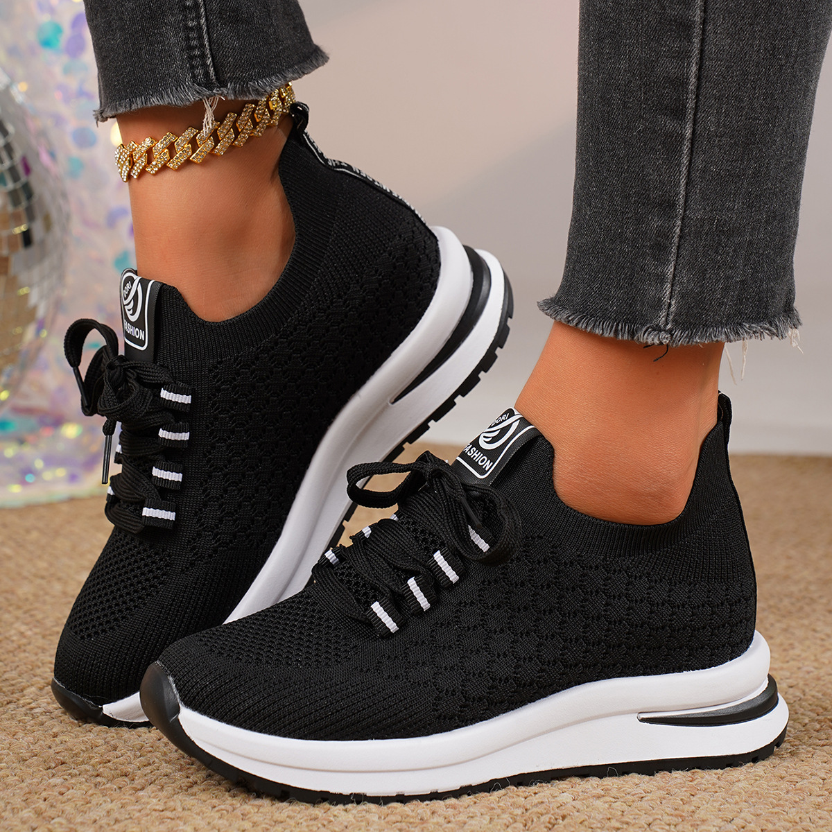 Plus Size Fashion Platform Flat Pumps Women's Casual Lace Up Mesh Sneaker foto 2