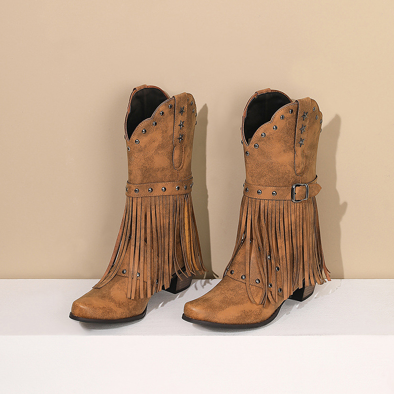 Autumn And Winter Tassel Women's Western Rivet Belt Buckle Tassel Middle Boots foto 2