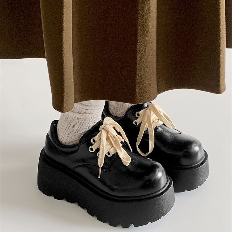 Retro British Matte Black Thick Sole Increased By Lace-up Leather Shoes foto 4
