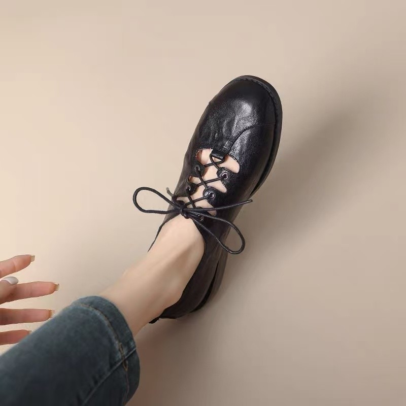 Retro Hollow Leather Shoes Women's Low-cut Lace-up British Style foto 5