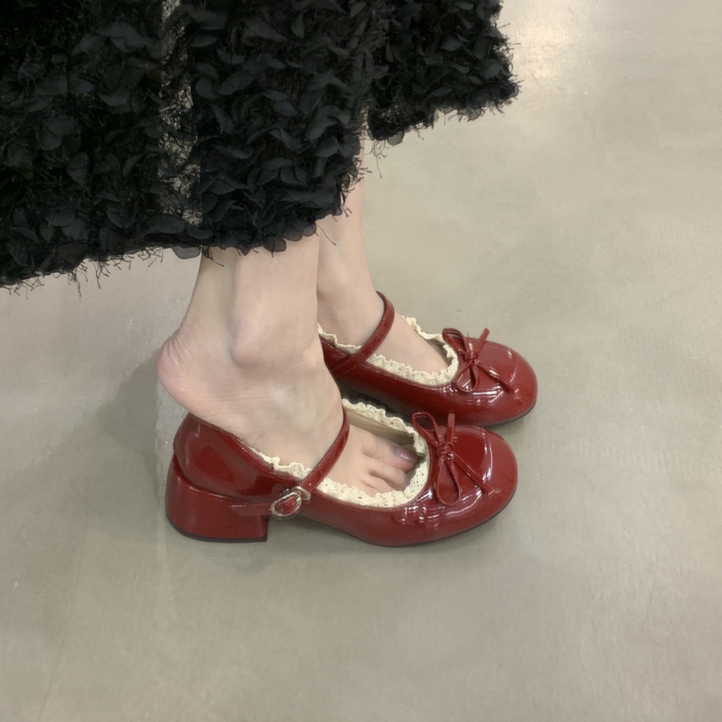 Womens French Lace Bow Mary Jane Shoes foto 3