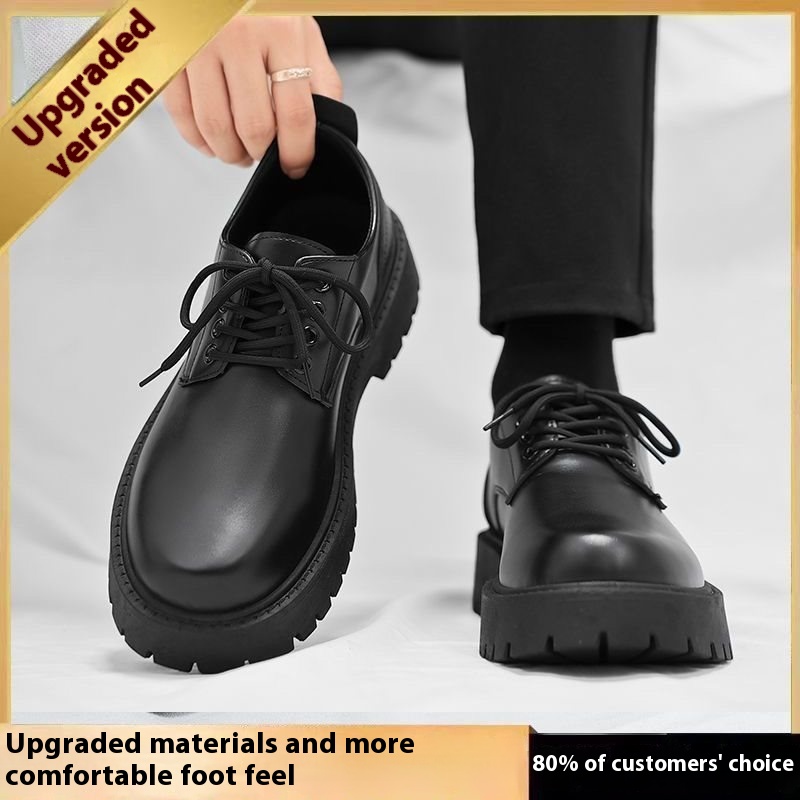 Men's High-top Side Zipper Leather Shoes Black Mid-Top Increased By Worker Boot foto 4