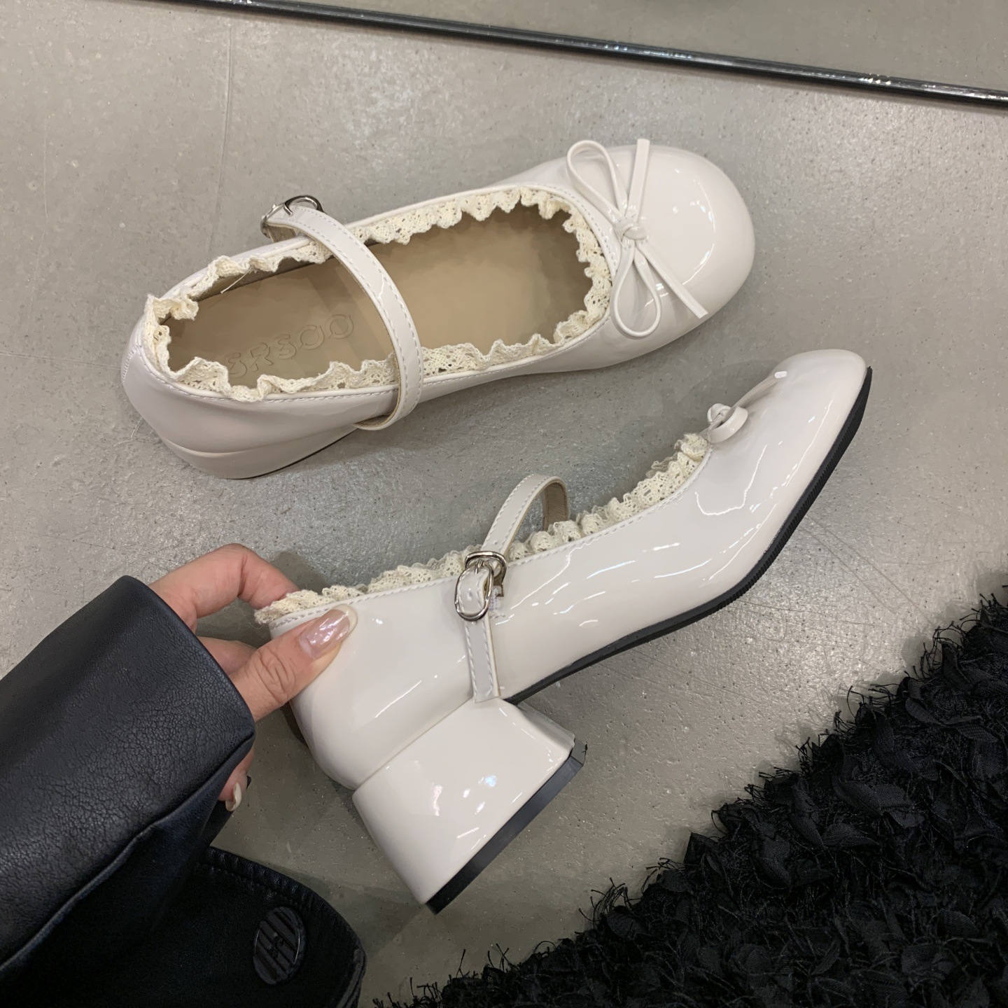 Womens French Lace Bow Mary Jane Shoes foto 5