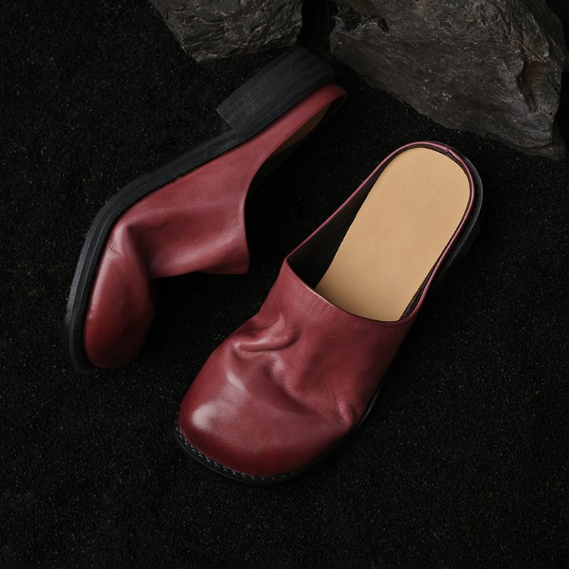 Women's Washed Full Grain Leather Mule Slides, Retro Round Toe Backless Closed-Toe Shoes foto 2