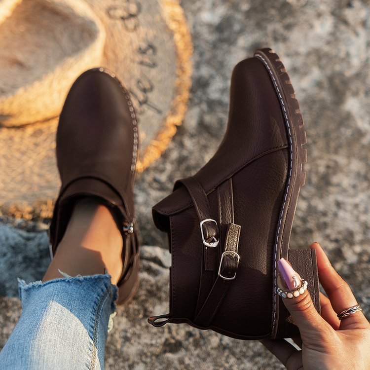 Low-heeled Leather Belt-buckle Plus-size Round-toe Ankle Boots foto 3
