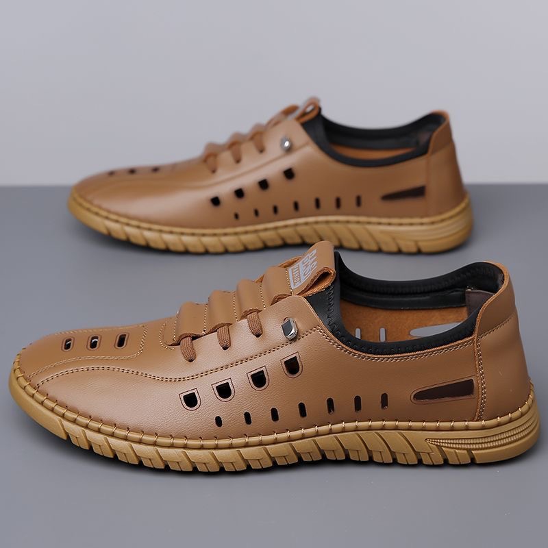 Hollow Breathable White Shoes Hole Shoes Soft Bottom Men Slip-on Leather Sandals foto 5