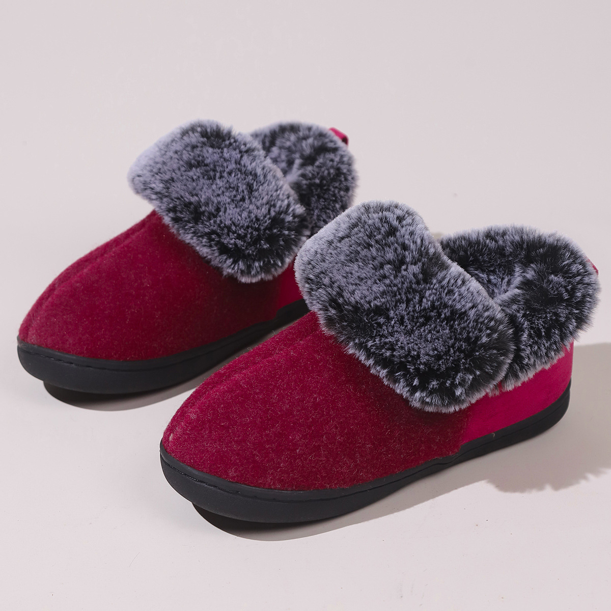 Neutral Felt Fur Collar Heel Cotton Shoes Wine Red Winter Indoor Shoes Comfortable Memory Foam foto 3