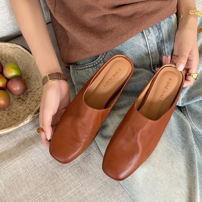 Women's Handmade Full-Grain Sheepskin Closed-Toe Mules, Square Toe Slip-On Flat Slides foto 5