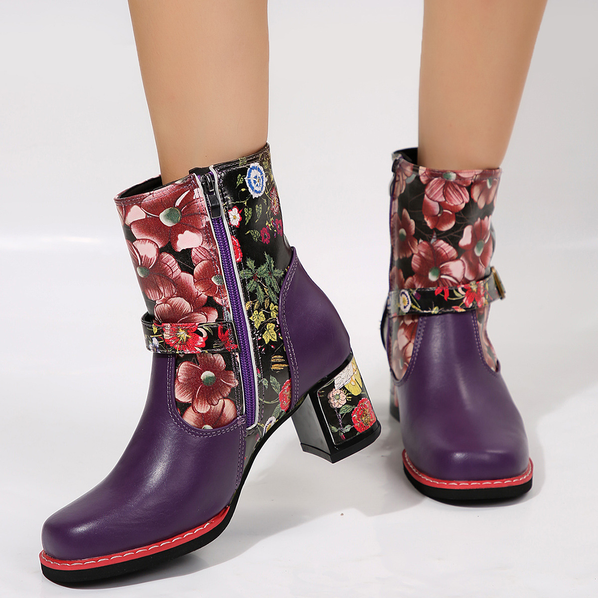Women's Printed Stitching Round Head Thick Bottom Bootie foto 3