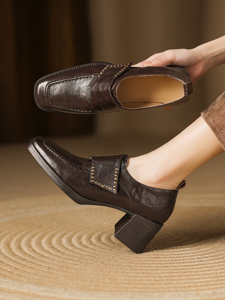 New Springautumn Square-toe Chunky-heel Deep-vamp Pumps In British Style foto 3