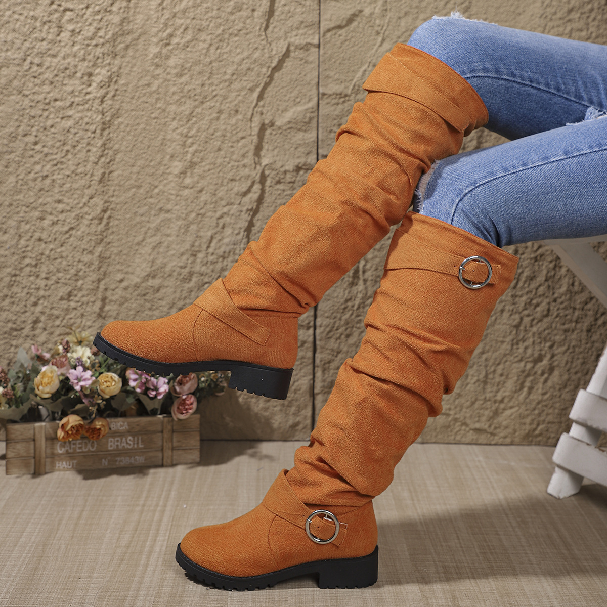 Winter Pleated Buckle High-top Large Size Riding Boots foto 5
