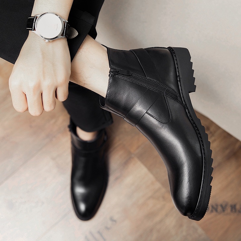 Zipper Pointed British Style High-top Large Size Leather Boots foto 4