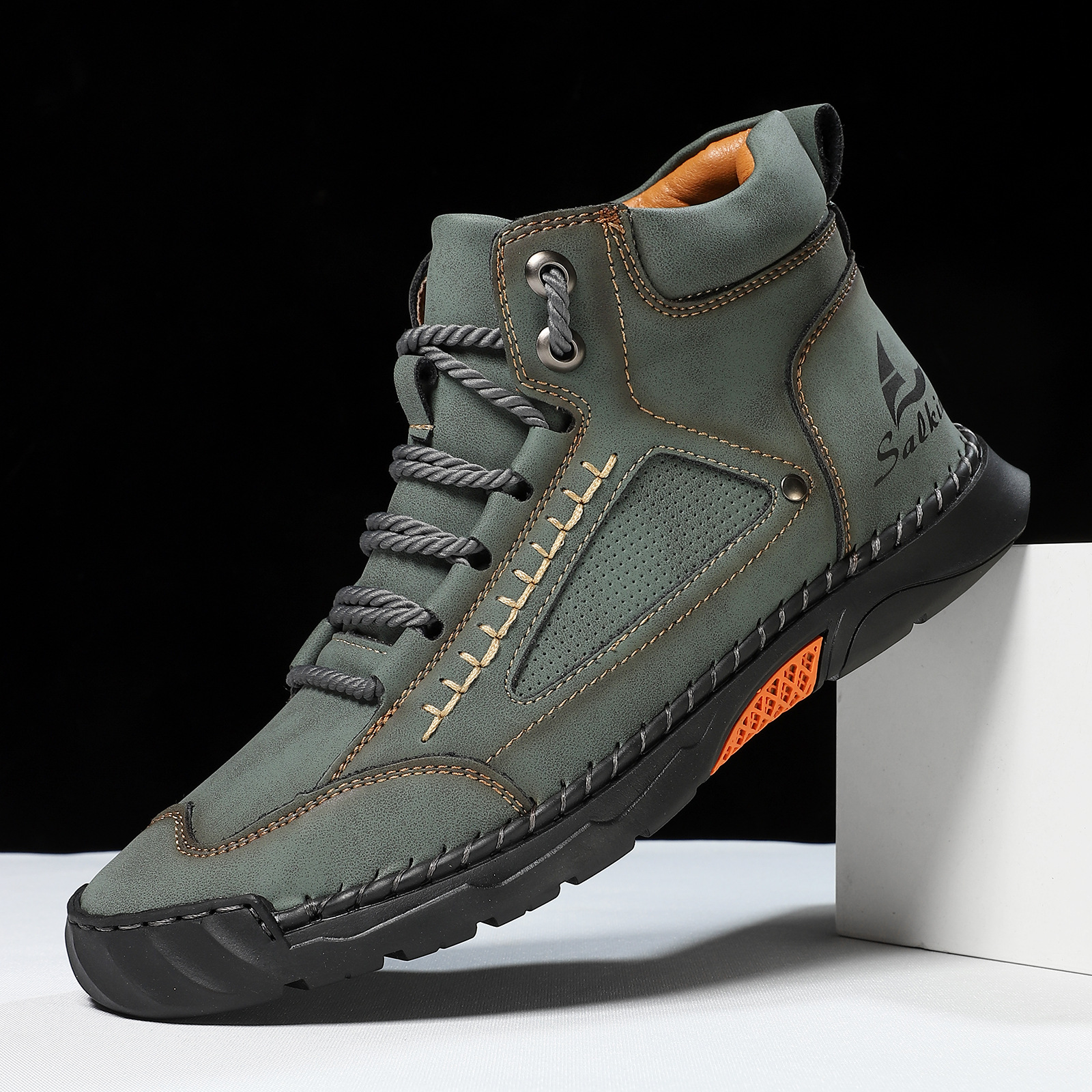 Cross-border PU Leather Handmade Stitching Ankle Boots Flat Lace-up Casual Shoes foto 4