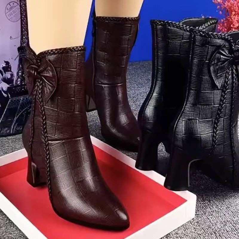 New Fallwinter Velvet Lined Fashion Leather Boots Mid Calf High Heeled Boots foto 5