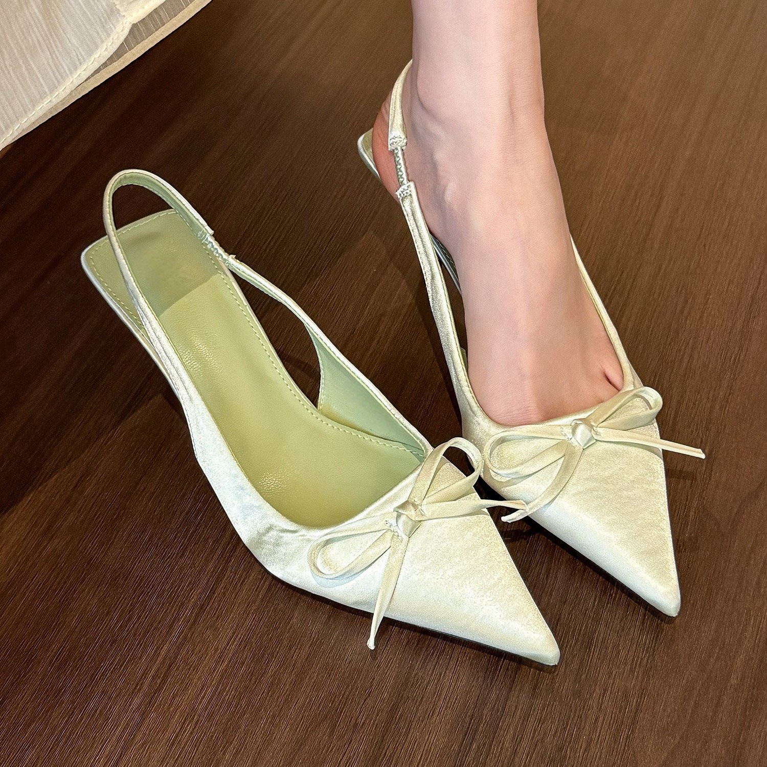 Satin Pointed-toe Bowknot High Heels Women's Spring Shallow Mouth Slingback Sandals foto 4