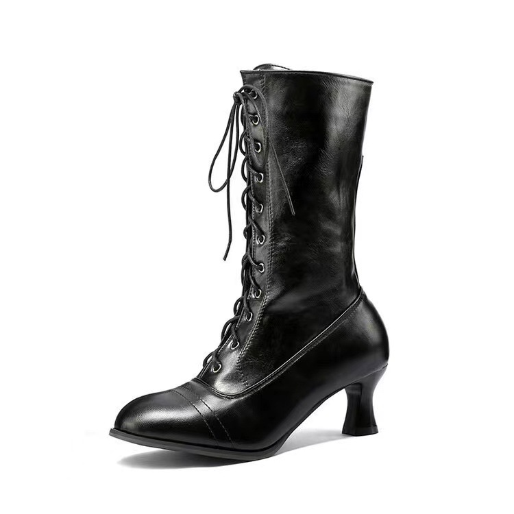 Cross-front Lace-up Low-heeled Womens Mid-calf Boots foto 4
