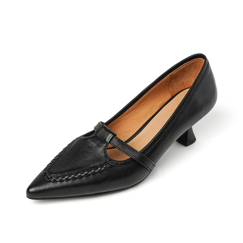 First-layer Cowhide Cloud-step Comfort Retro Pointed-toe Chunky-heel Mary Jane Shoes
