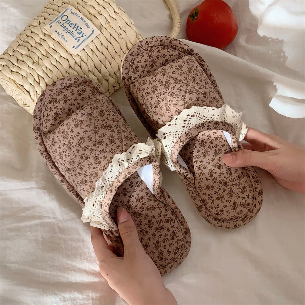 Home Style Vintage Floral One Word Four Seasons Universal Cotton Slippers Female foto 5