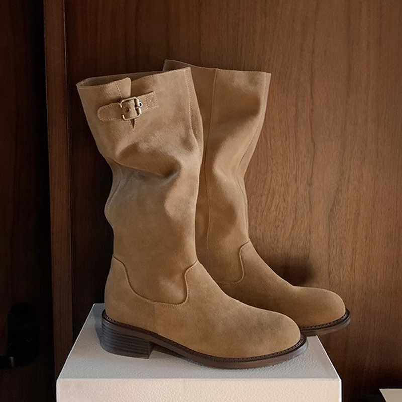 Cowhide Maillard Round Head Buckled Chunky Heel Below The Knee Boots foto 2