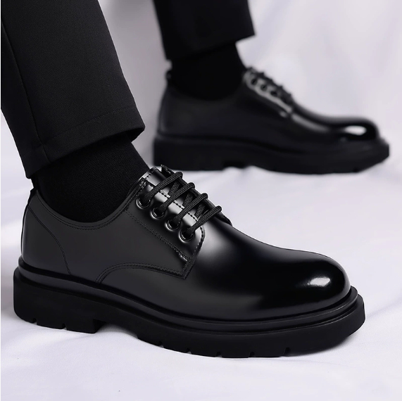 Men's British-style Thick-soled Korean-style Black Leather Shoes foto 4