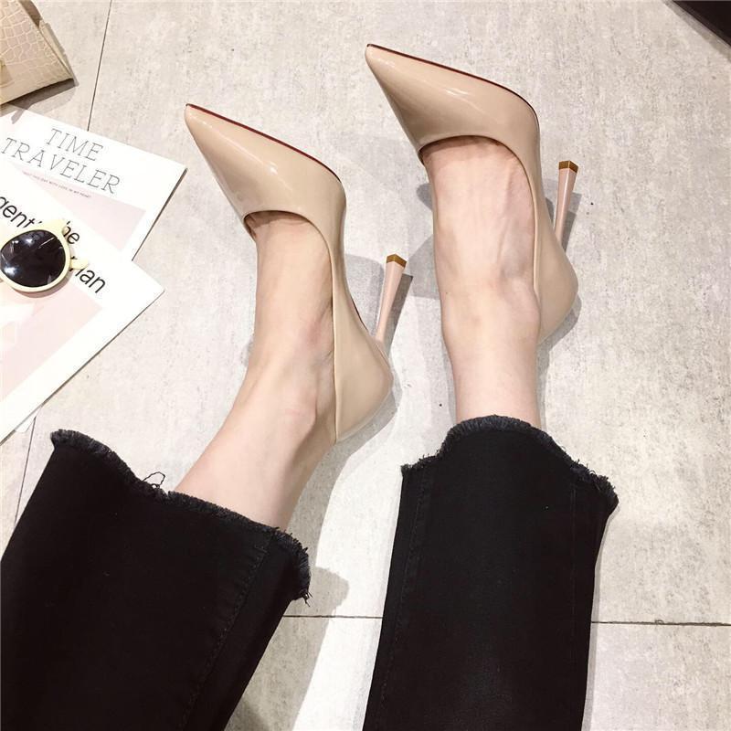 Womens Versatile Pointed-Toe Shallow-Pump Patent Leather High Heels foto 3