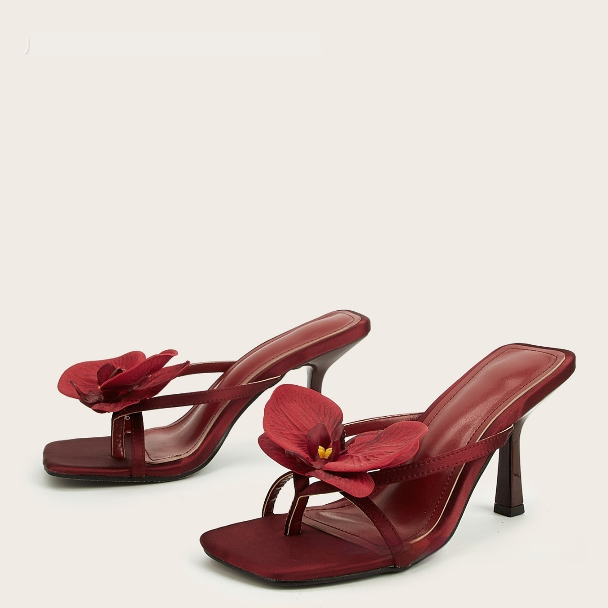 Wine Red Meiko Flower Decorative Flip-toe Square Toe High Heel Sandals foto 3