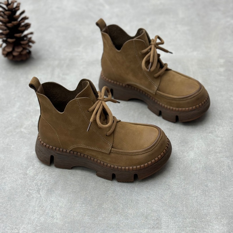 Platform Round Toe Lace-up Casual Cowhide Women's Boots foto 4