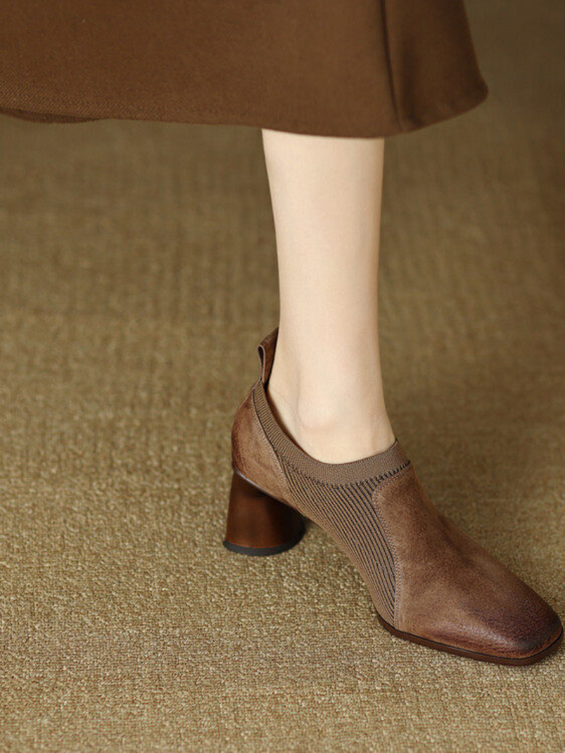 Black Square-toe High Heels Knitted Patchwork Design Deep V-shaped Vamp Chunky Heel Leather Slip-on foto 4