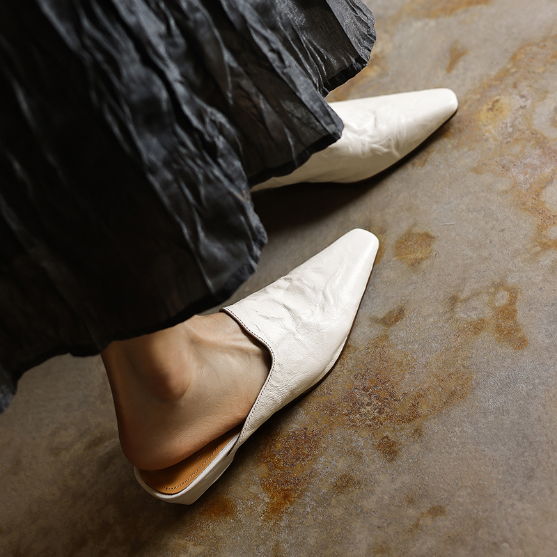Women's Handmade Full-Grain Sheepskin Mule Slides, Square-Toe Chunky Low-Heel Leather Backless Shoes foto 4