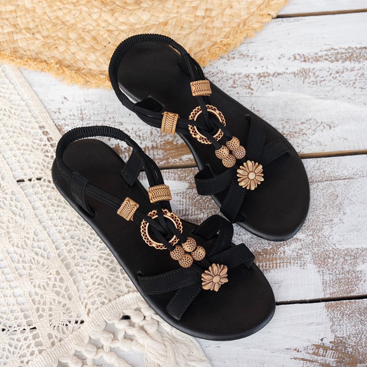 Ethnic Style Flat Women's Beaded Weave Open Toe Beach Sandals foto 4