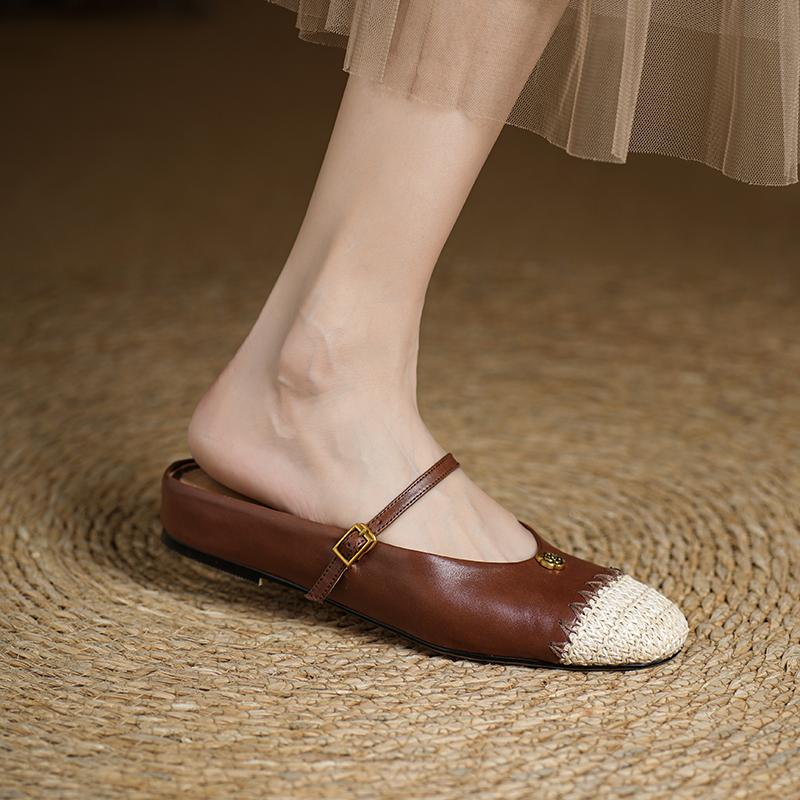 Women's Handmade Full-Grain Leather Mary Jane Mules, Square-Toe Espadrille-Style Slide Sandals foto 4