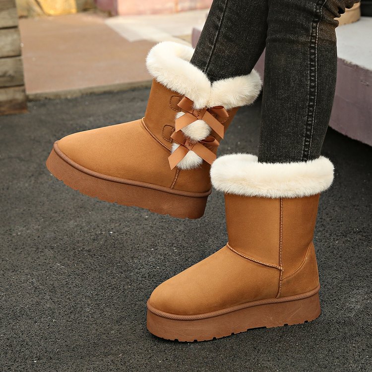 Women's Bow Retro Birkenstock Fleece Lined Thickened Ankle Boots foto 3