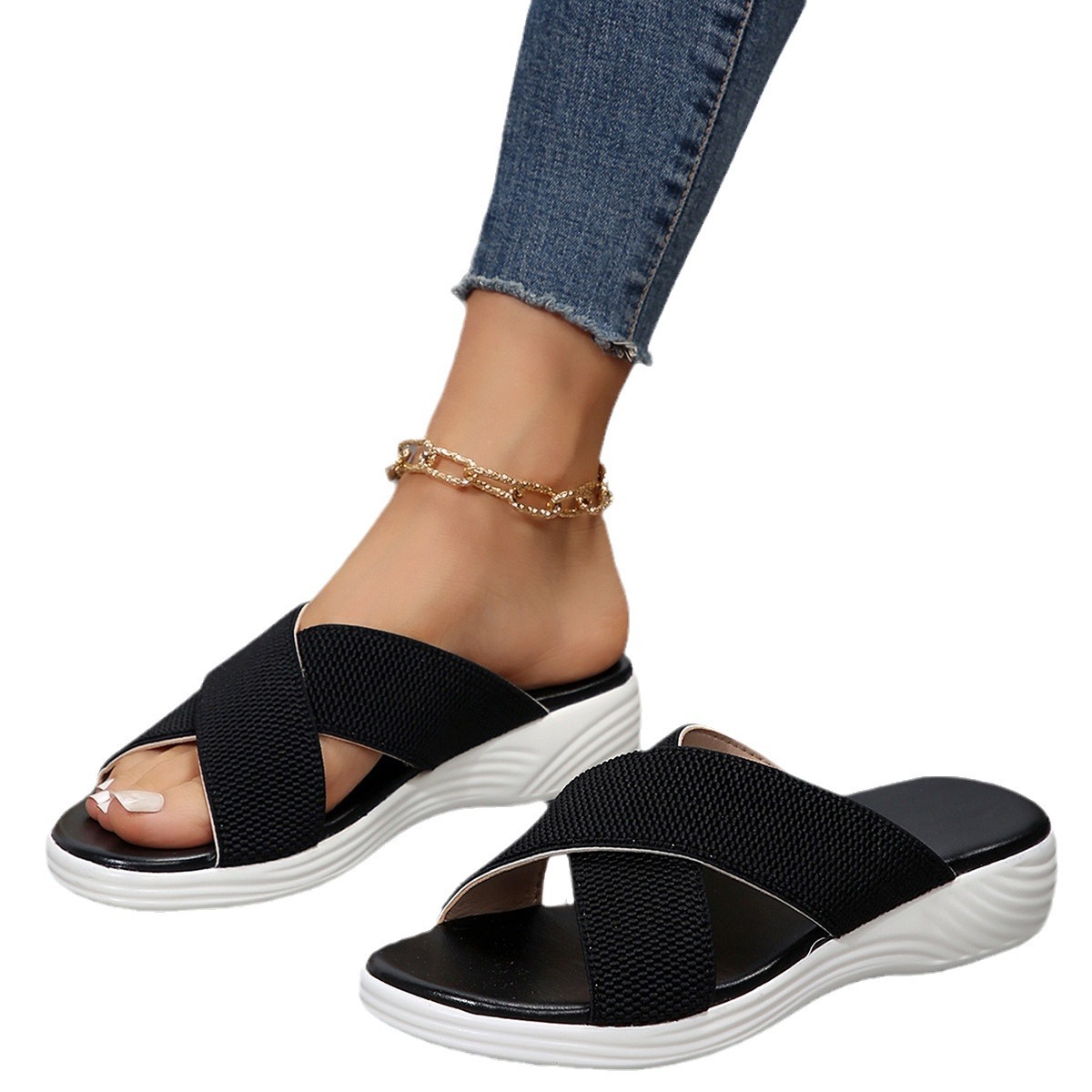 Summer Flat Wedge Peep-toe Slippers Thick Bottom Plus Size Cross Women's Slippers foto 4