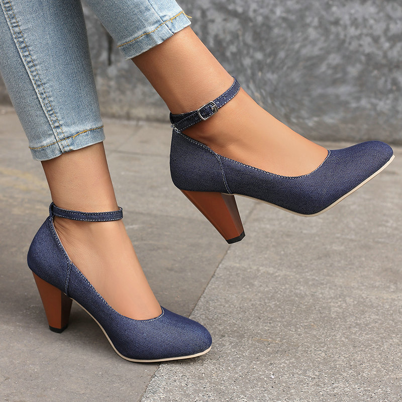 Denim Fabric Women's High Heel Buckle Waterproof Platform foto 4