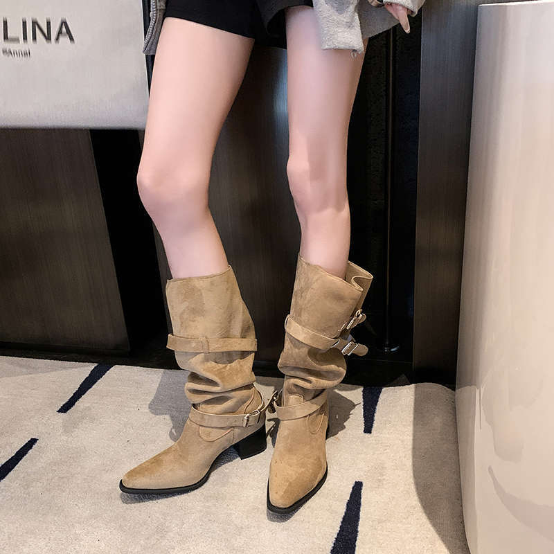 Womens Suede Pointed Toe Chunky Heel Ankle Boots foto 4
