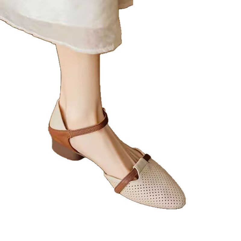 New Retro Chunky Heel Buckle With Closed Toe Stitching Hollowed Sandals Women foto 5