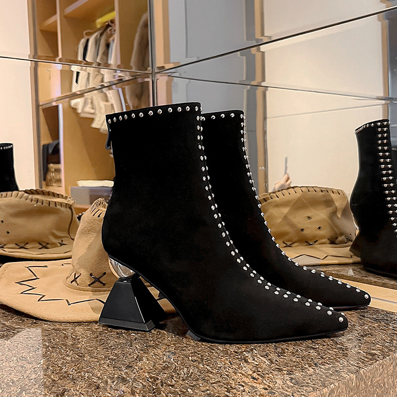 Womens Suede Pointed Toe High Heel Boots foto 2