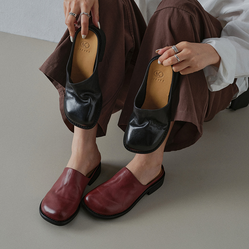 Women's Washed Full Grain Leather Mule Slides, Retro Round Toe Backless Closed-Toe Shoes foto 3