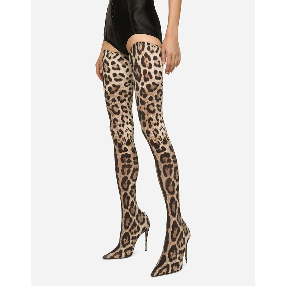 Pointed-toe High-heeled Leopard-print Ultra-long Knee-high Stretch Boots foto 5