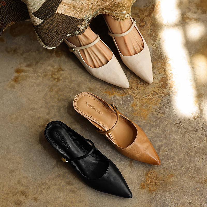 Women's Washed Full Grain Leather Pointed Toe Mary Jane Mules, Low Block Heel Slide Sandals foto 2