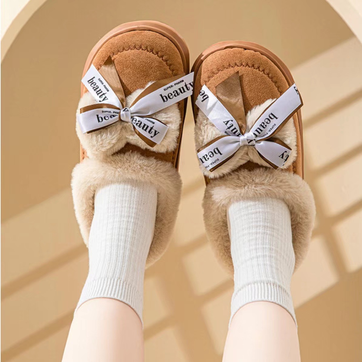 Women's Ribbon Bow Cute Thick Bottom Cotton Half Slippers foto 4