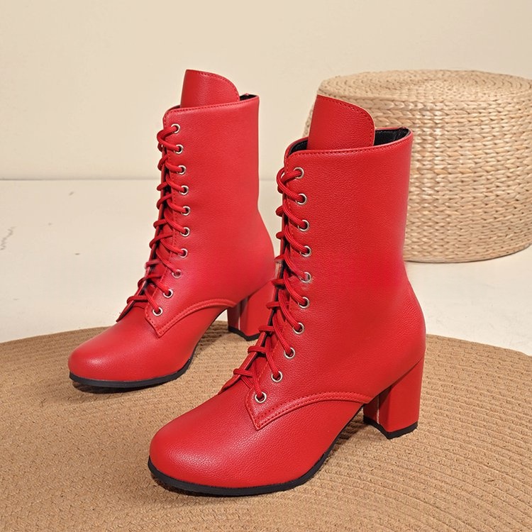Womens Fashionable Block-heeled Lace-up Boots In Large Sizes foto 4