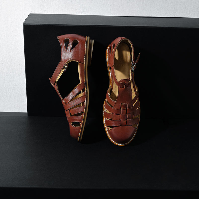 Women's Premium Washed Full Grain Leather Fisherman Sandals, Closed-Toe Woven T-Strap Flats foto 2