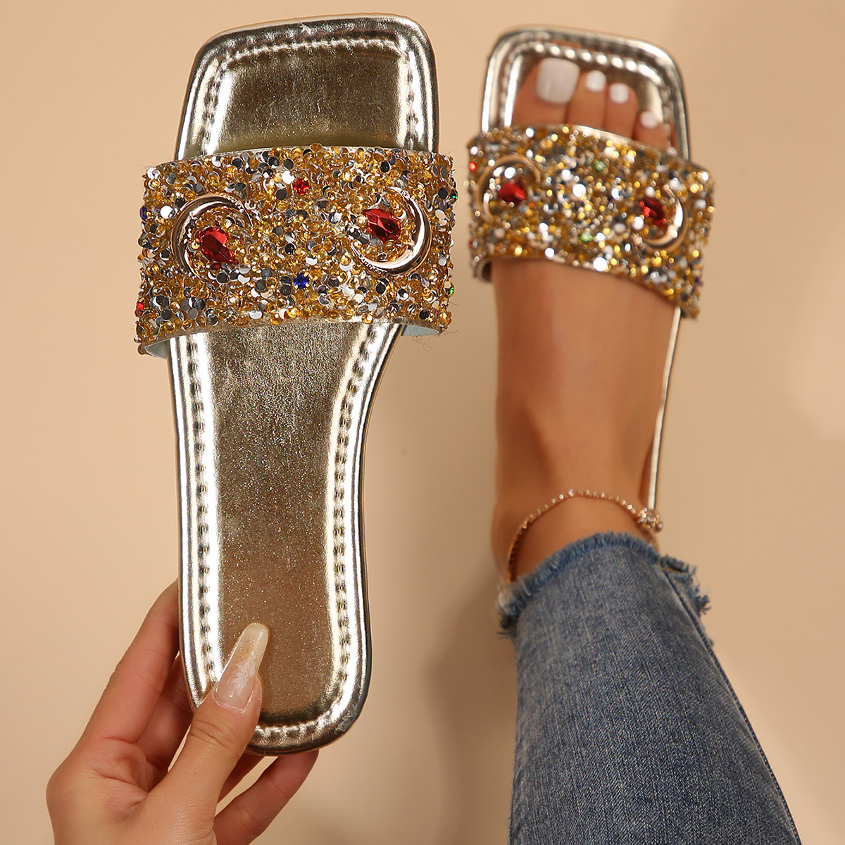 Women's Slippers Fashion Rhinestone Sequins Flat One-word Casual Cool foto 3