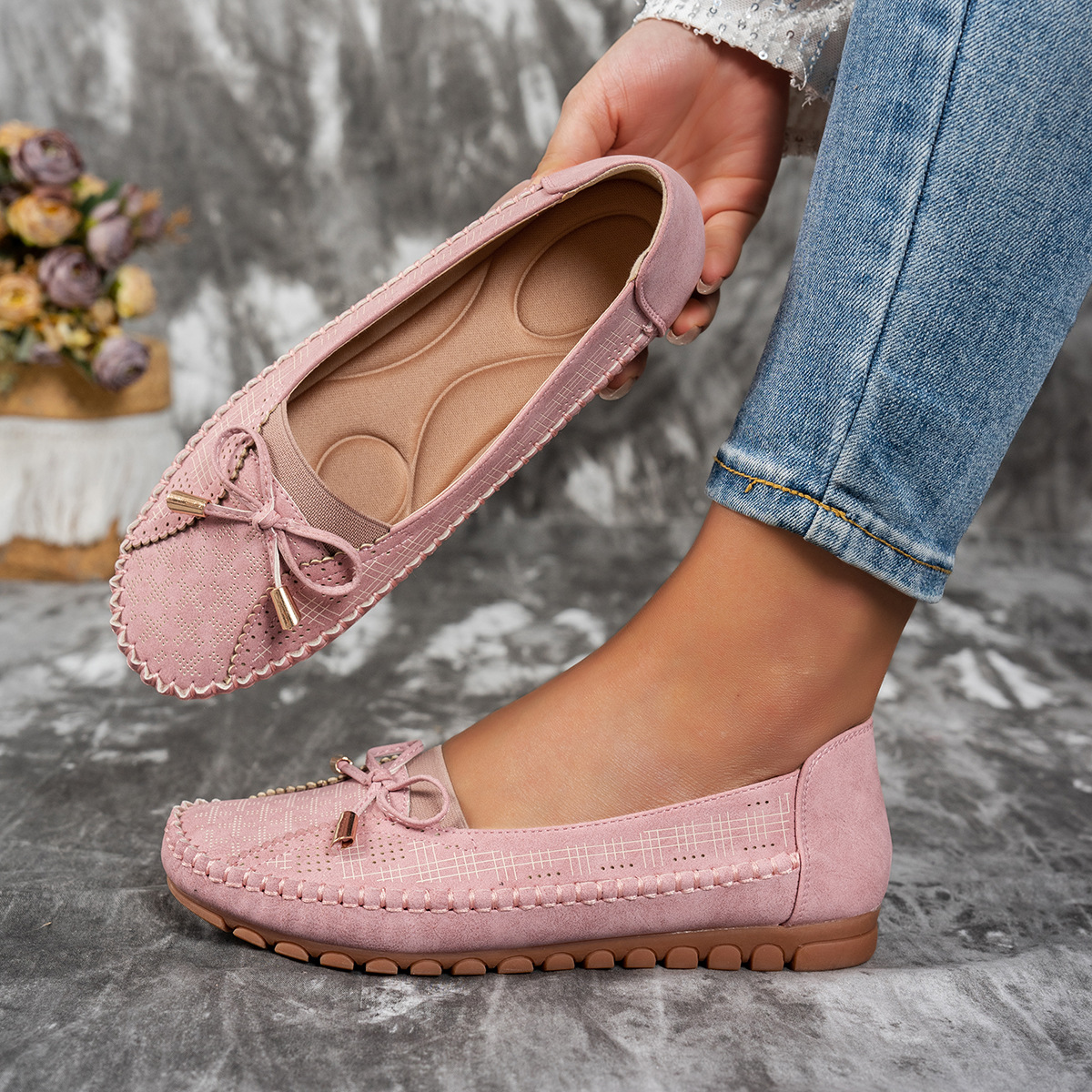 Stitching Bow Solid Color Women's Flat-heeled Shoes foto 2