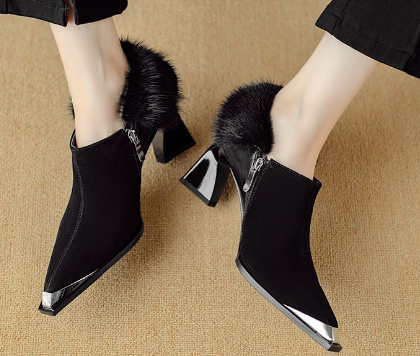 Womens Retro Chic Versatile Metal Pointed-Toe Slimming Cotton Shoes With Zipper And High Heel foto 5