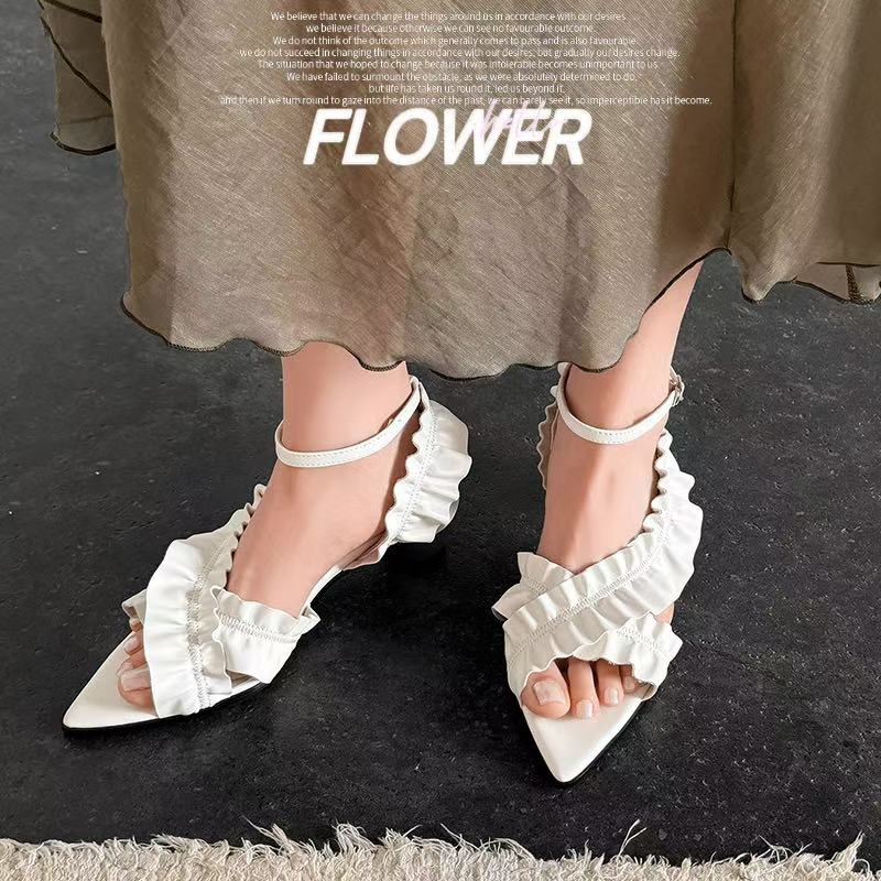 Women's Handmade Full-Grain Leather Ruffled Pointed-Toe Block Heel Sandals, 5cm Heel Ankle Strap Shoes With Pigskin Lining