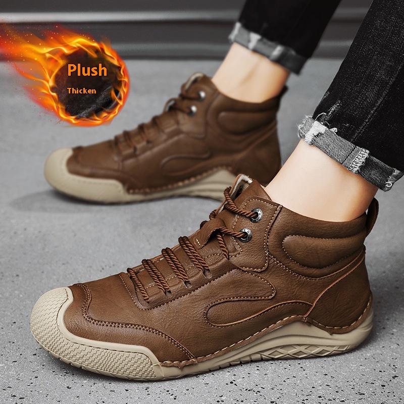 Men's Hand-stitched Middle High Top Genuine Leather Flat Casual Shoes foto 4